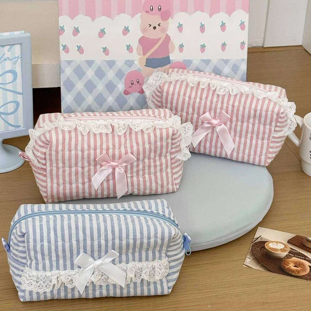 Fashion Lace Bow Women Makeup Bag Large Capacity Cosmetic Toiletry Storage Handbag Portable Travel Organizer Square Zipper Pouch Y260206