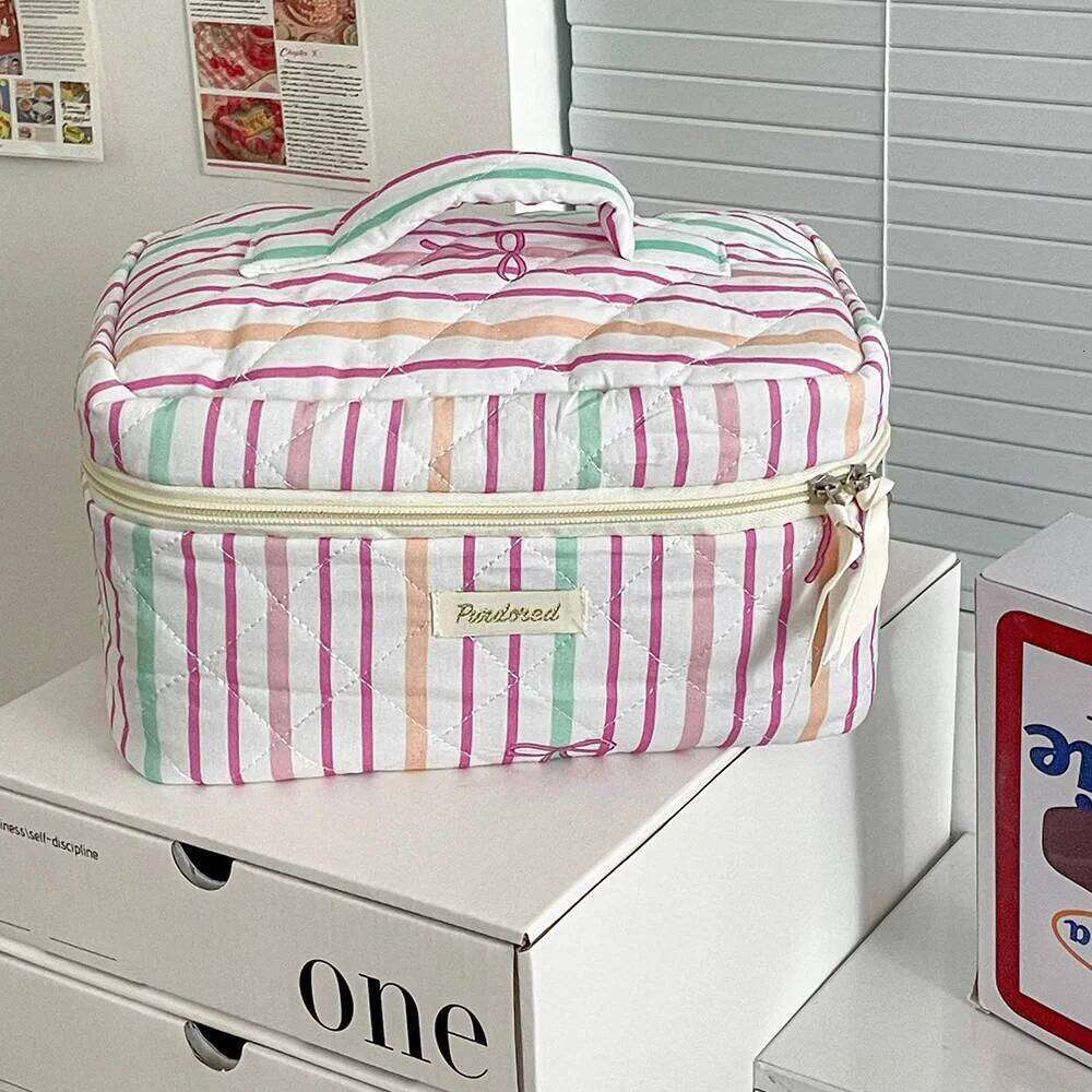 Personality Stripe Bowknot Women Cosmetic Portable Simple Quilting Bag Pouch Travel Large Capacity Makeup Storage Handbag Y260206
