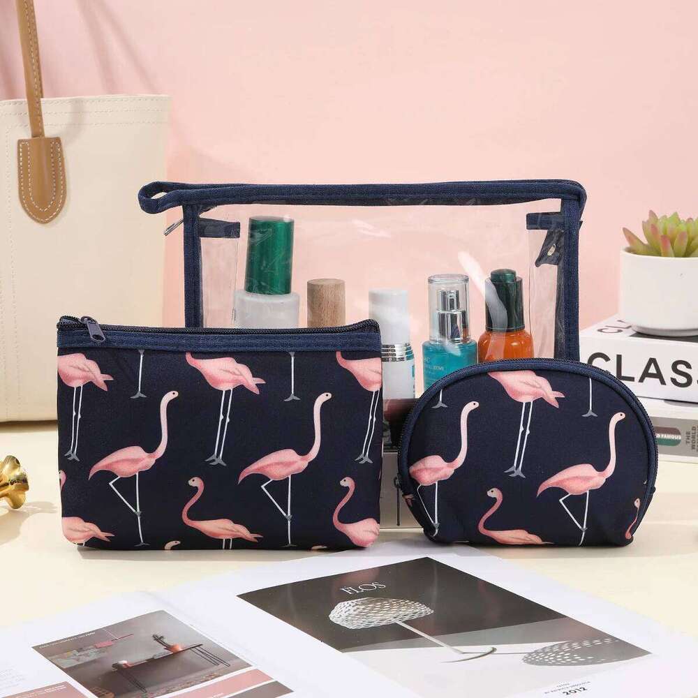 Three piece flamingo makeup Waterproof transparent PVC wash Fashion cartoon portable storage bag Y260206