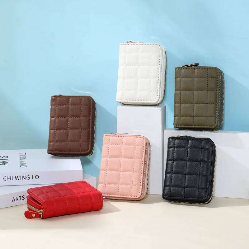 2026 Women Fashion Zipper Wallet with Coin Purse PU Leather Plaid Purses Ladies Cute Mini Small Card Pack Y260206