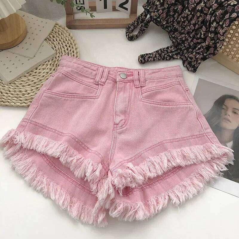 2026 Summer New Women's High Waist Tassel Denim Jeans Ruffled Fringe Perforated Hot Pants Shorts XJ260206