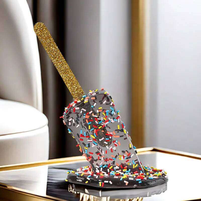 Creative Handicraft Decorative Items Resin Melting Popsicle Sculpture with Colorful Sprinkles and Golden Glitter Stick for Home S260204