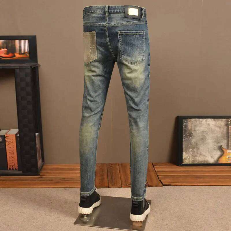 Y2KFashion New Patch Washed NostalgicY2K Stretch Slimming Retro Blue Jeans High Street Hip Hop Italian Pants Hombre X260207 - view 4