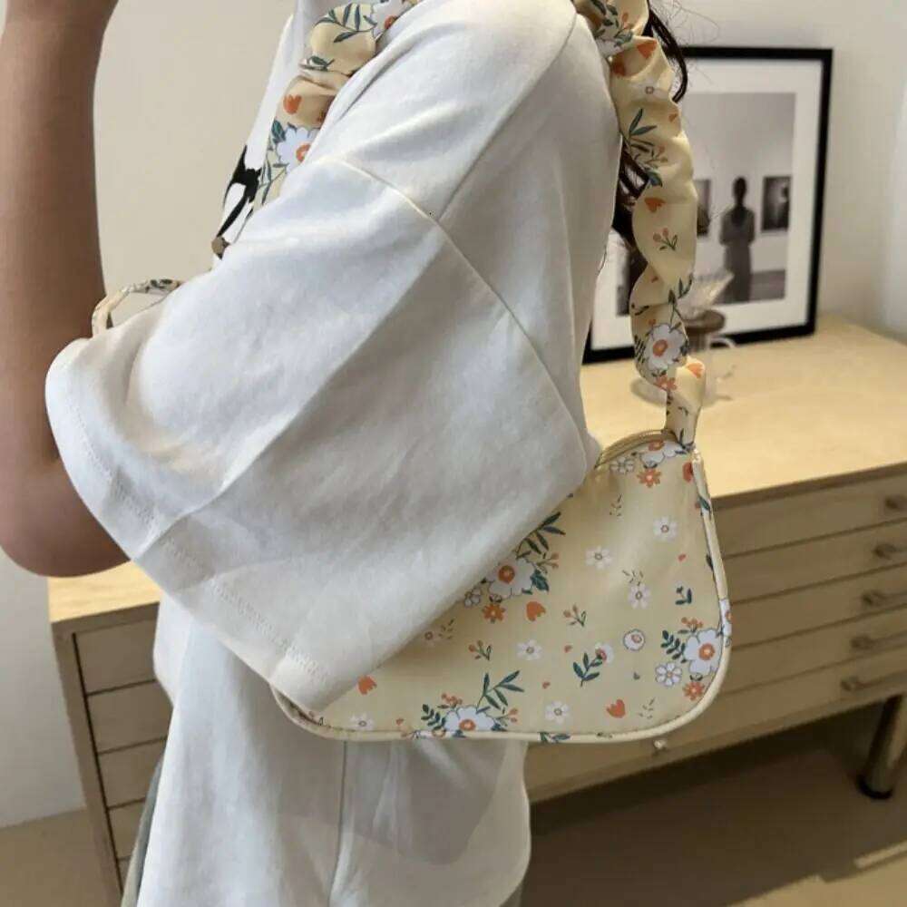 Flower Pattern Printing Shoulder Large Capacity Bow Sweet Canvas Underarm Wrinkle Lovely Tote Bag Travel Y260205