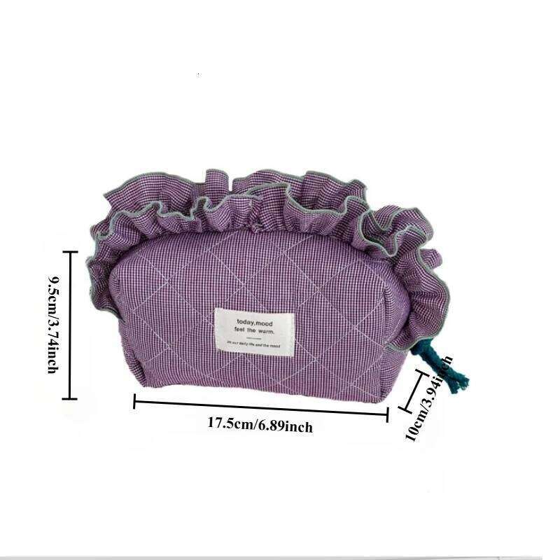 Vintage Gingham Women's Cosmetic Makeup Bag with Ruffled Edges-Large Capacity Organizer, Elegant Ribbon Bow Closure for Daily Y260206