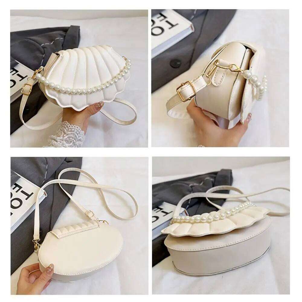 Durable Cute Shell Shoulder Minimalist with Pearls Design Crossbody Bag PU Leather Pearl Decorated Handbag for Women Girls Y260205