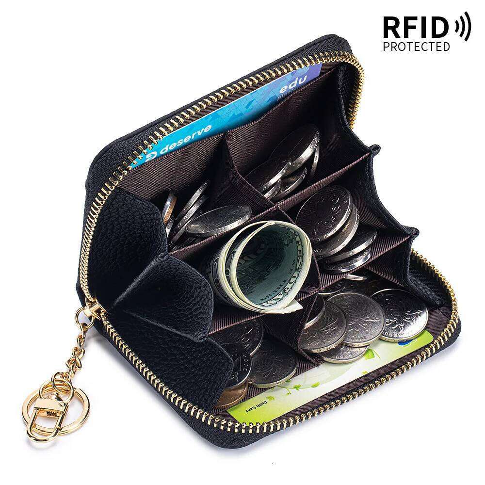 RFID Blocking Women's Bag Zipper Multi Slot Pocket Cowhide Credit Card Holder Soild Color Luxury Genuine Leather Coin Purse Y260206