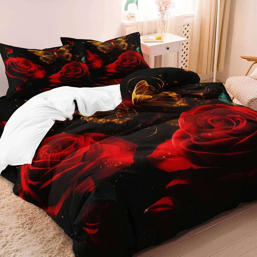 3pcs- Valentine's Day Romantic Rose Love Theme Letter Pattern Duvet Cover Set Suitable for Bedroom, Guest Room - XJ260206