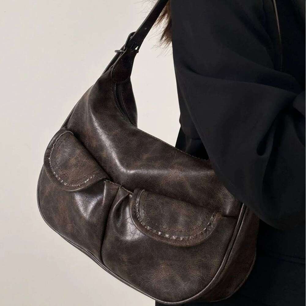 Maillard Style Women's Underarm Vintage Fashion Shoulder Bags Ladies Pu Leather Handbags Thread Female Crossbody Bag Purse Y260205