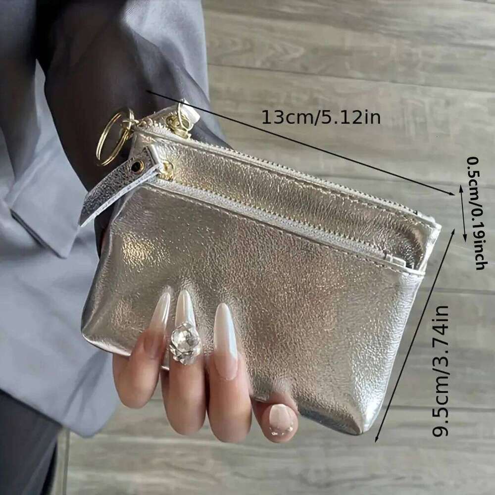Silver zipper small wallet for women. Top layer cowhide mini pouch. Cracked texture key bag. Card holder. Coin purse. Y260206