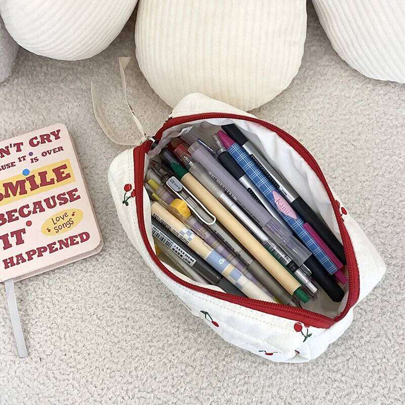 Fashion Women Quilted Cotton Cosmetic Bag Cherry Travel Makeup Storage Organizer Pouch Girls Pencil Case Tote Handbags Y260206