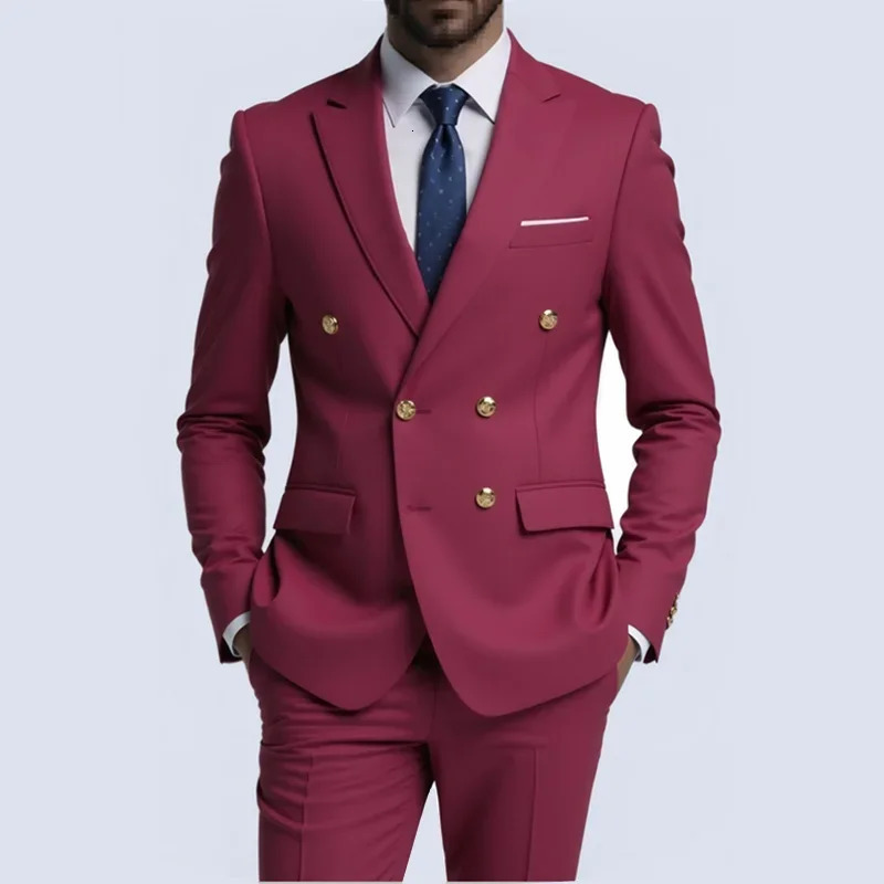 Men Double Breasted Suit Black Slim Fit High Quality Wedding Costume Party Prom Gold Button Male Suits 260126
