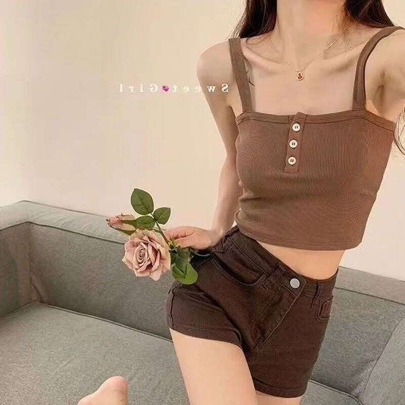 Brown Shorts Women Summer Y2k Chic High Waisted Trouser All-match Thin Simple Basic Straight Denim Vintage Preppy Ladies Clohes XJ260206