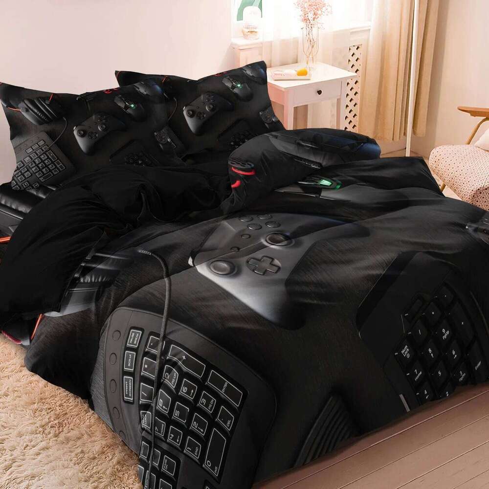 3pcs Video Game Controller Mouse Keyboard Headphone Pattern Duvet Cover Set - Modern Fashionable Cool Gamepad Print XJ260206