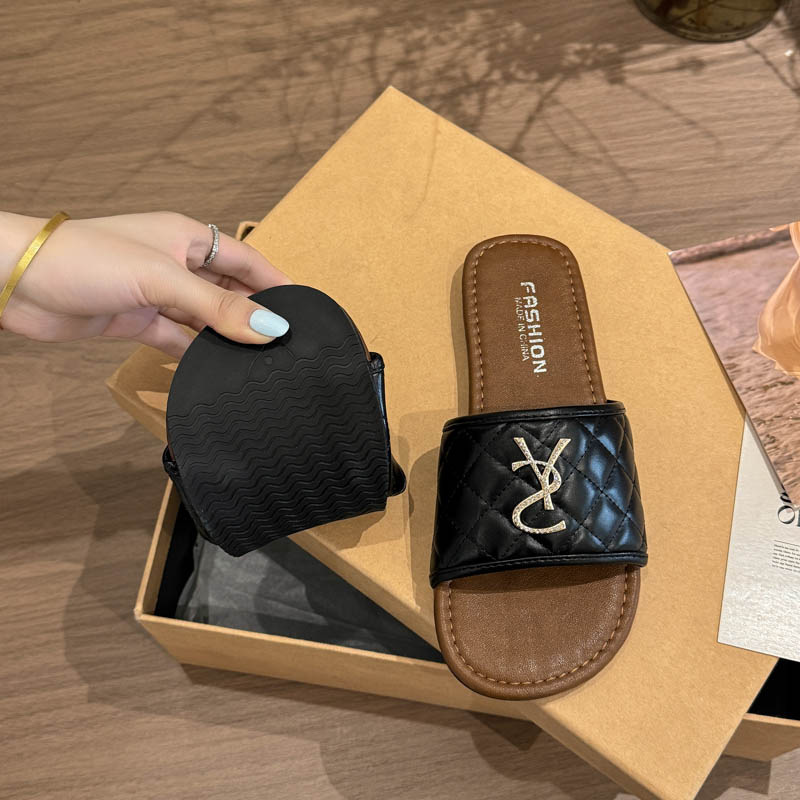 Women Casual Flat Slide Sandals Black Quilted Design with Gold Decor Lightweight Summer Mules Free shipping Fashionable
