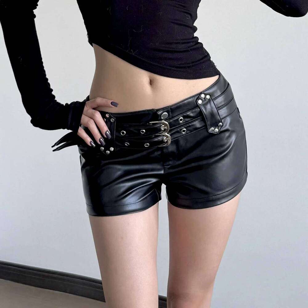 Y2K Spice Girls Sexy Slim-fit Black Shorts Personality Street Metal Buckle Low-rise Hot Pants Women XJ260206