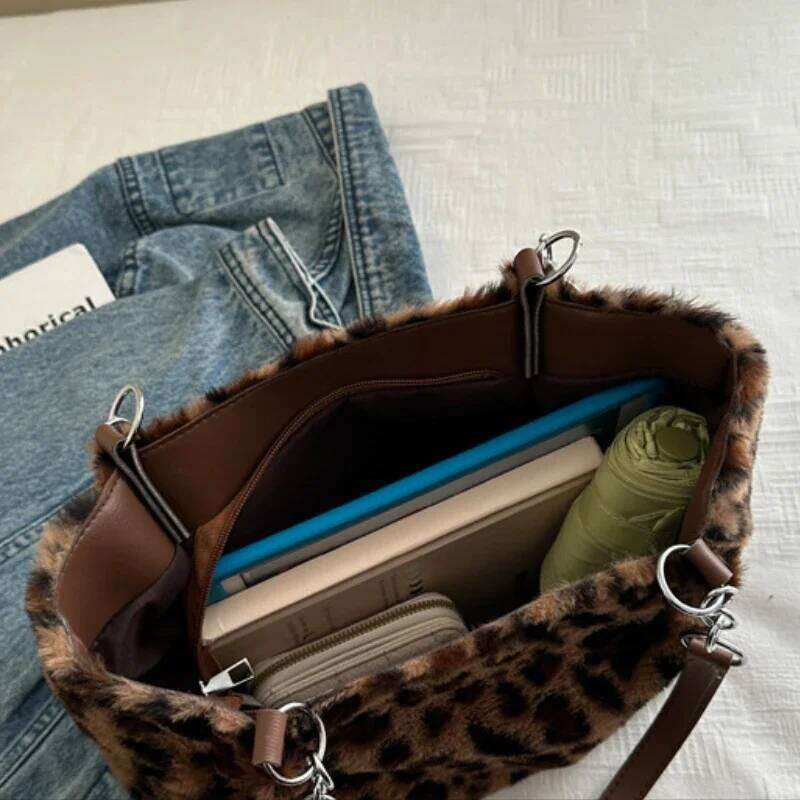 Vintage Leopard Ladies Plush Tote Bags Large Capacity Portable Women's Faux Fur Shoulder Bag Furry Casual College Girls Handbags Z260207 - view 6