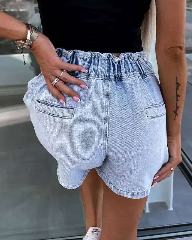 New Fashion 2023 Summer Casual Bottom Rhinestone Pocket Design Denim High Waist Shorts Female Clothing Outfits XJ260206