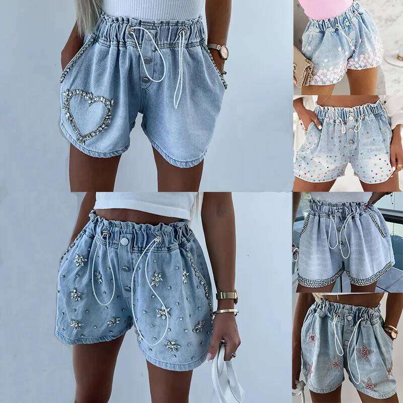 Denim Shorts Women Streetwear Fashionable and Casual Rhinestone Versatile Y2k Cowboy Half Pants for Female Summer 2024 New XJ260206