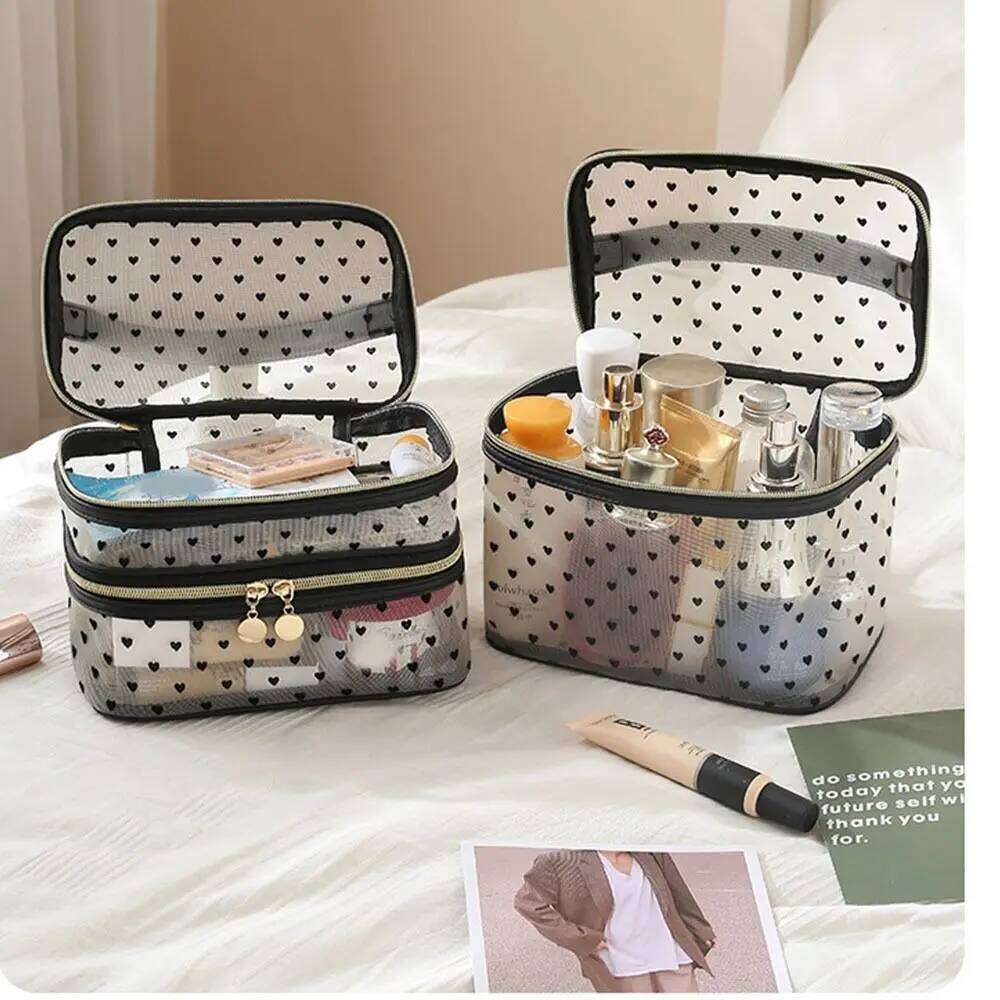 Double/Single Layer Mesh Love Makeup Black Heart Printed Large Capacity Women Toiletry Bag Transparent Zipper Y260206