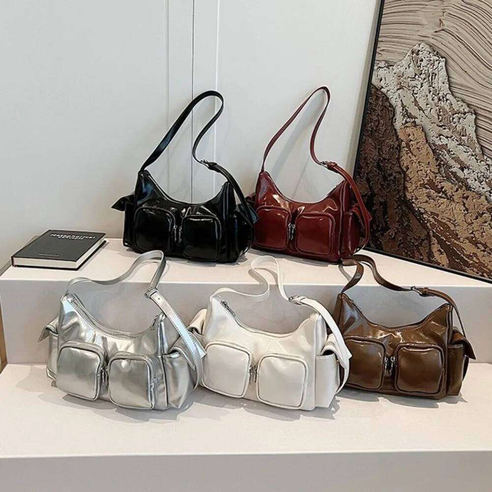 Y2K Pocket Crossbody Korean Style Adjustable Shoulder Strap PU Leather Underarm Bag Solid Color Zipper Handbag Women Y260205