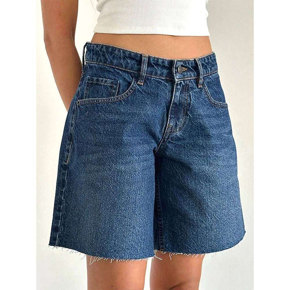 Women s High Waisted Distressed Denim with Frayed Hem and Pockets - Casual Vintage Bermuda Jean Shorts for Summer Beach XJ260206