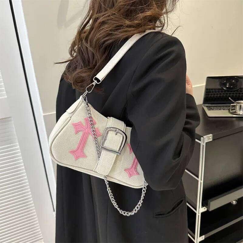 Brand Canvas Women's Shoulder Casual Lock Embroidery Crossbody Bag Small Half Moon Handbag Z260207 - view 4