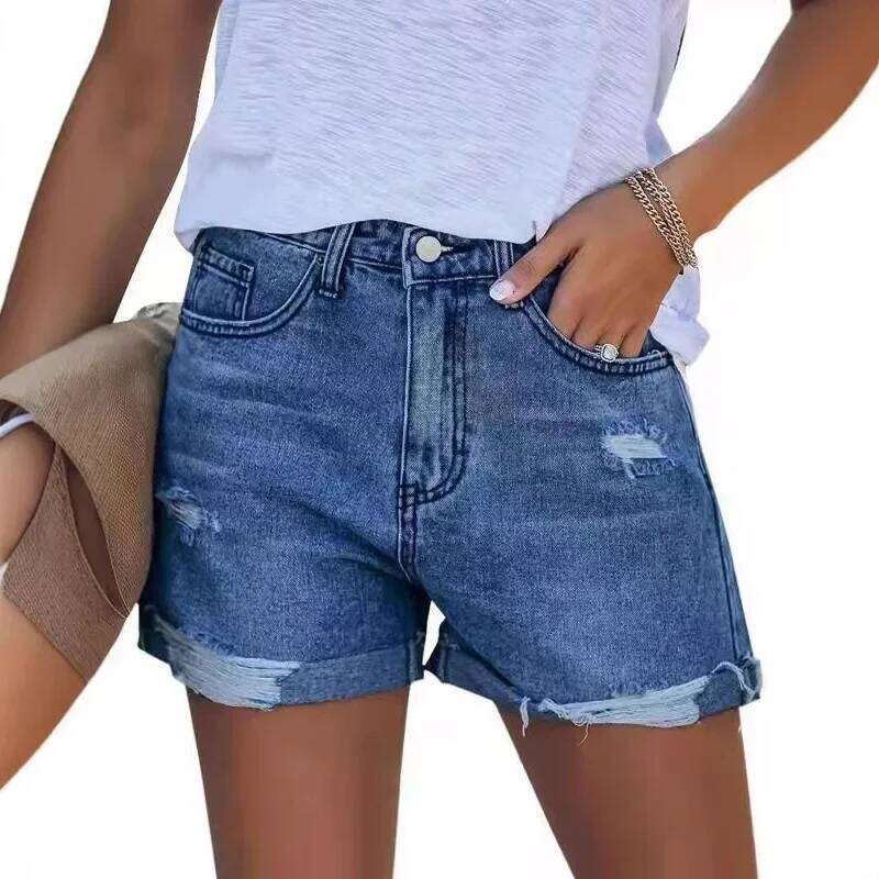 Urban Commuter Washed Ripped Denim Shorts.New Summer Fashion Straight-leg Rolled Edge Casual and Mid-waist Short Jeans for Women XJ260206