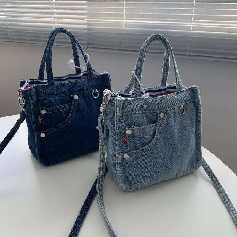Simple Design Women's Denim Shoulder Messenger Bag Solid Color Ladies Handbags with Pocket Vintage Female Girls Small Tote Bags Y260205
