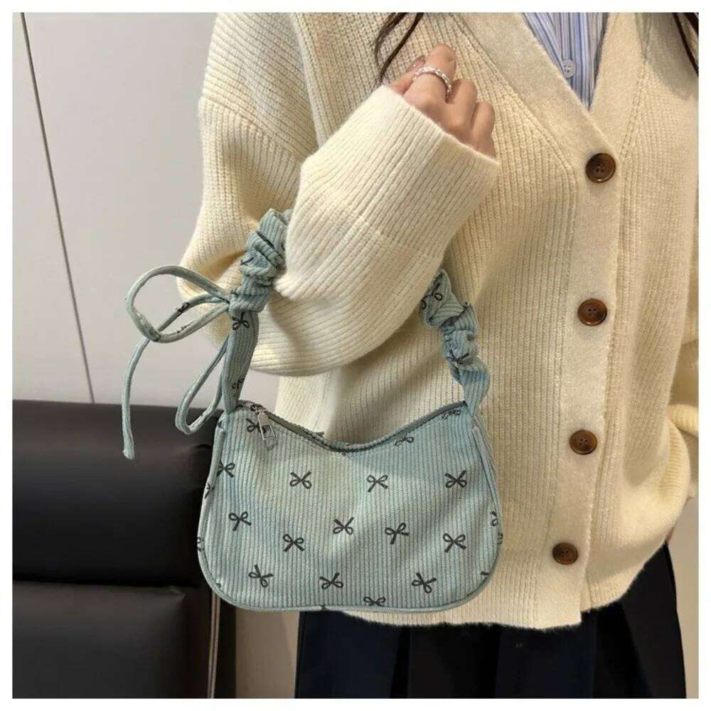 Casual Corduroy Underarm Cute Bowknot Large Capacity Shoulder Lightweight Tote Handbag Women Mini Small Clutch Bag Y260205