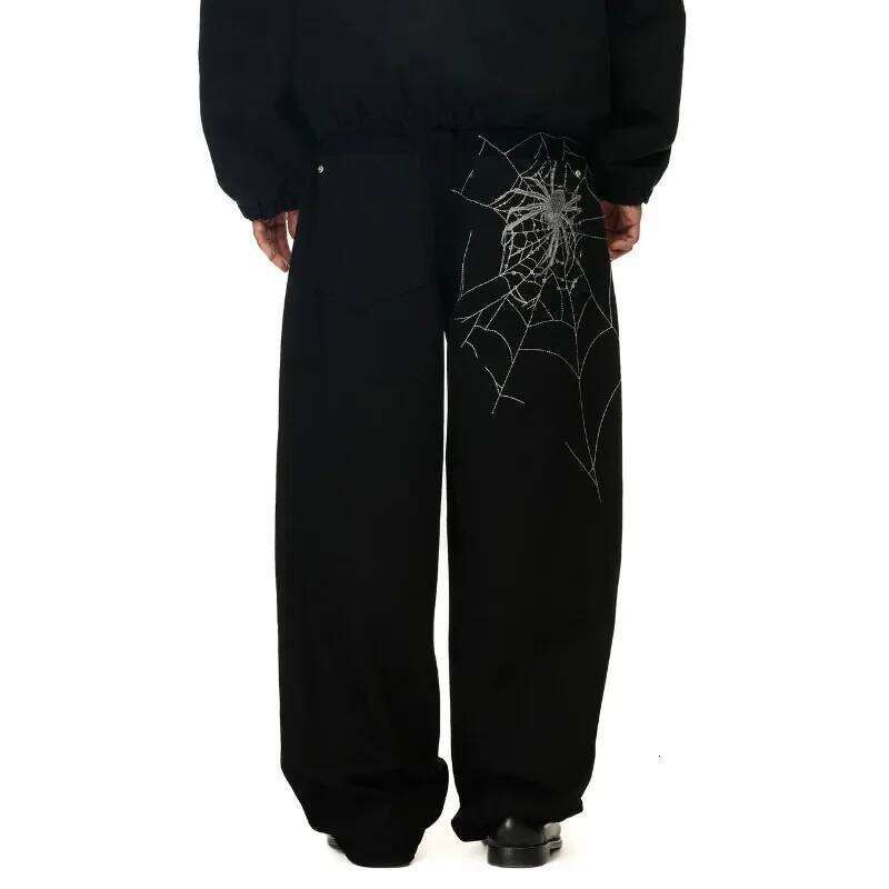 Y2K man Spider web embroidery vintage pattern wide leg pants American style street wear Rock Hip Hop Denim jeans X260207