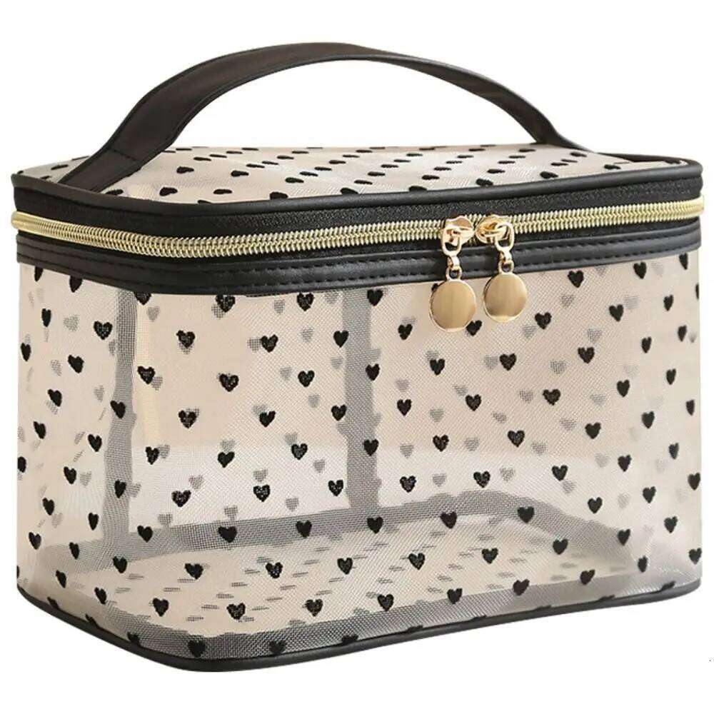 Double/Single Layer Mesh Love Makeup Black Heart Printed Large Capacity Women Toiletry Bag Transparent Zipper Y260206