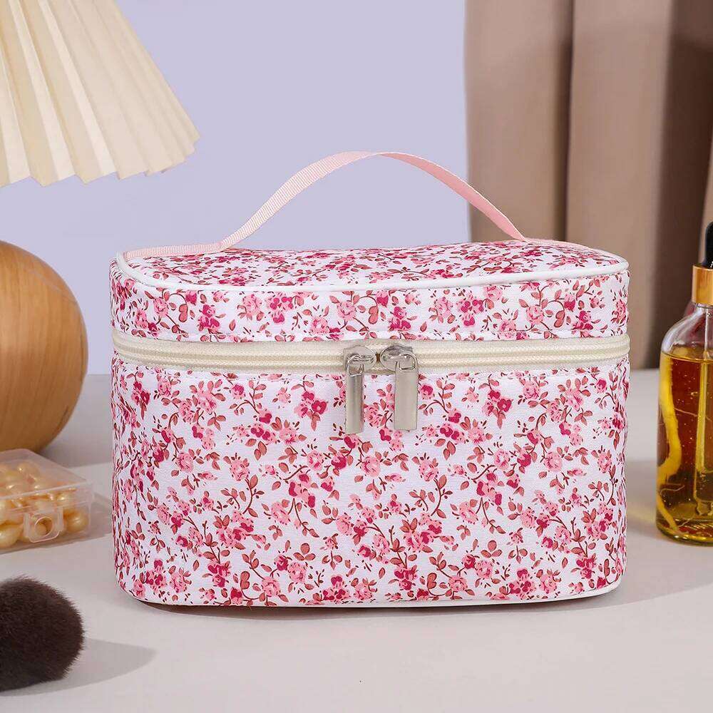 Women's Fashion Floral Square Makeup Storage Portable Toiletry Cosmetic Pouch Handbag With Handle Ladies Zipper Clutch Bag Y260206