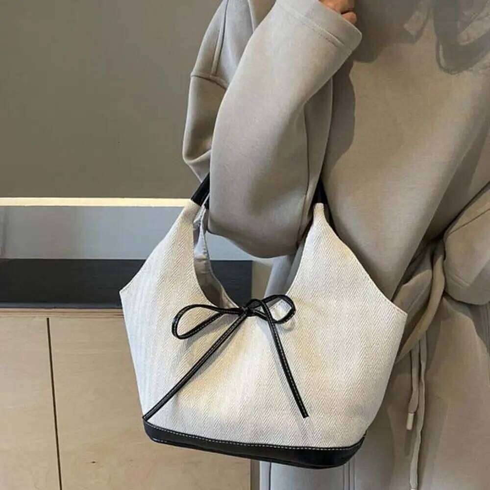 Portable Korean Style Canvas Tote Handbag Underarm Cloth Bow Shoulder Bag Pure Color Large Capacity Girls Y260205