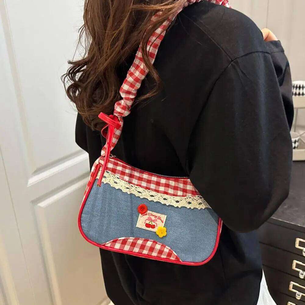 Lovely Lattice Shoulder Sweet Bow Denim Underarm Bag Fashion Pleated Drawstring Design Daily Commuting Handbag Z260207 - view 7