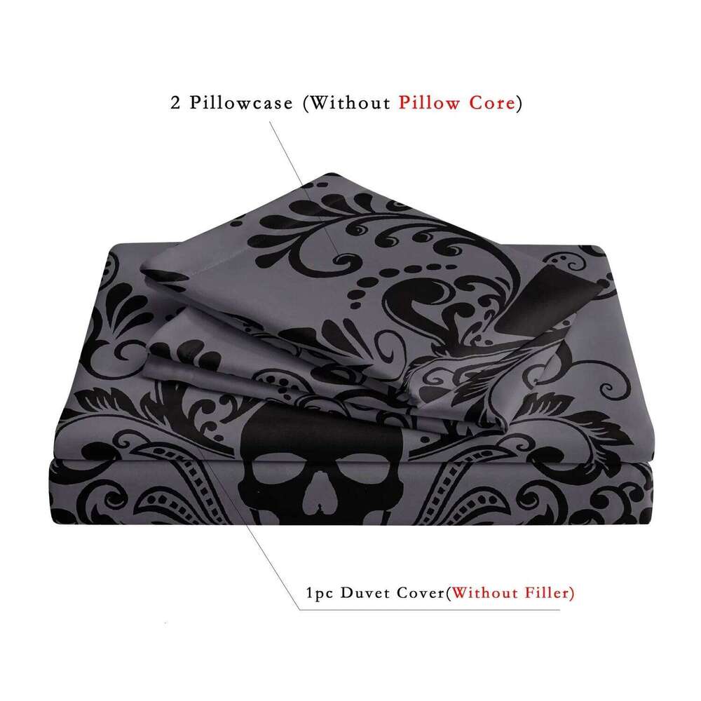 3pcs Soft & Breathable Dark Grey/Black Gothic Victorian Floral Duvet Cover with All-Season Luxury Bed Sheets, Machine Washable XJ260206