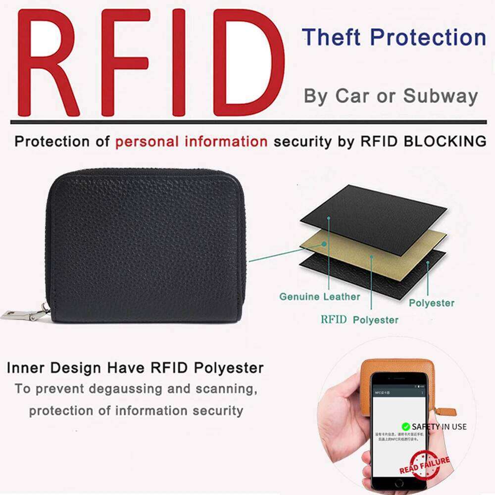 Genuine Leather Coin RFID Blocking Short Wallet for Men Women Zipper Anti theft Wallets Lychee Pattern Purse Money Bag Y260206