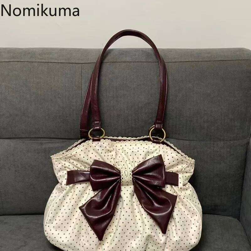 Chic Polka Tote Casual Commuting Vintage Women Handbags Shoulder Versatile Large Capacity Dot Design Bow Sweet Bag Y260205