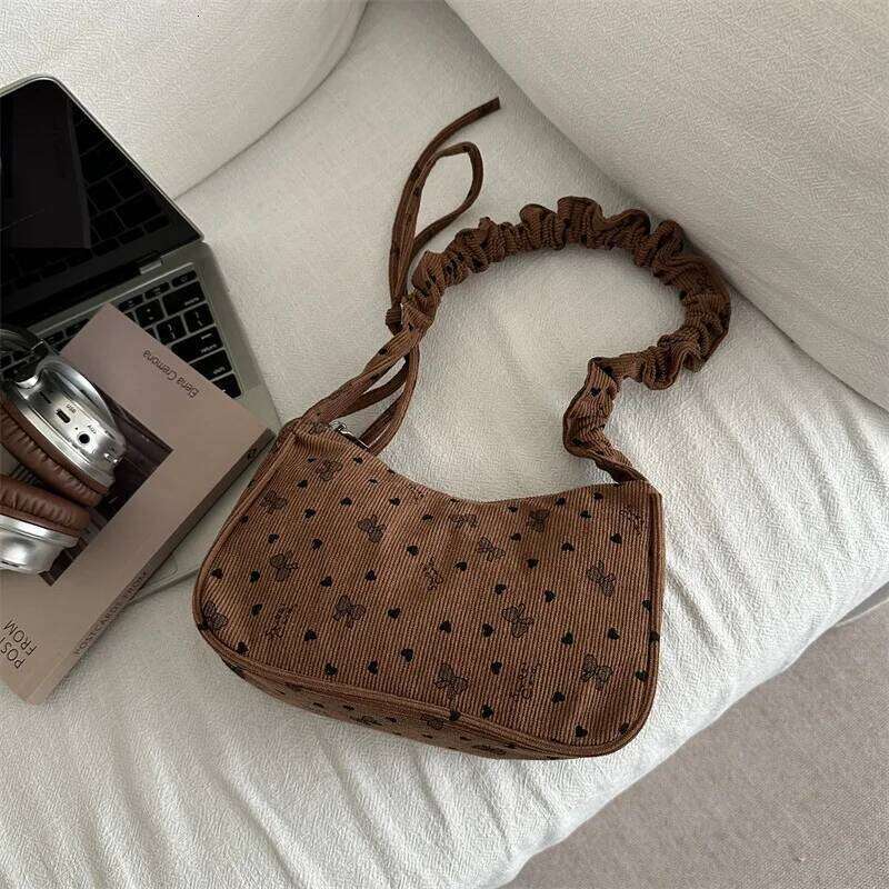Women Small Underarm Bag Corduroy Handbag Cute Bowknot Print Little Tote Half Moon Design Eco Cloth Purse Mini Shoulder Bags New Y260205