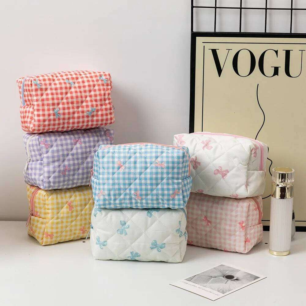 New Bow Quilted Makeup Bag Multifunctional Large Capacity Cosmetic Organizer Toiletry Handbag Women Y260206