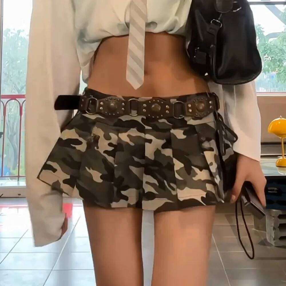 Sexy Camouflage Pleated Short Women 2026 New Strap Zipper Low Waist Y2k Skirt XJ260206