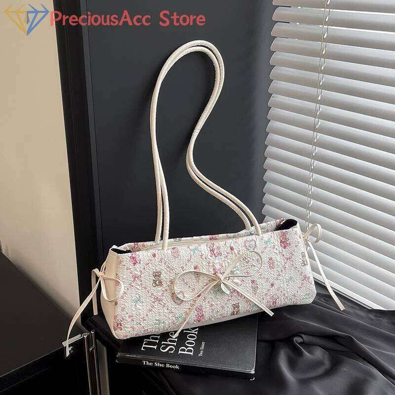 Cartoon Print Shoulder Fashion Sweet Bow Underarm Female Tote Bag Versatile Large Capacity Commuter Handbag Holiday Gift Y260205