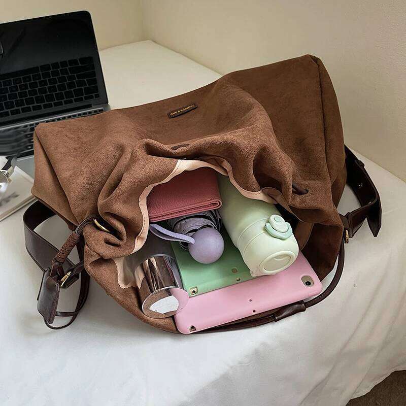 Women's Fashion Tote Large Capacity Rote Faux Suede New Trend Dailiy Commuter Drawstring Design Crossbody Shoulder Bag Y260204