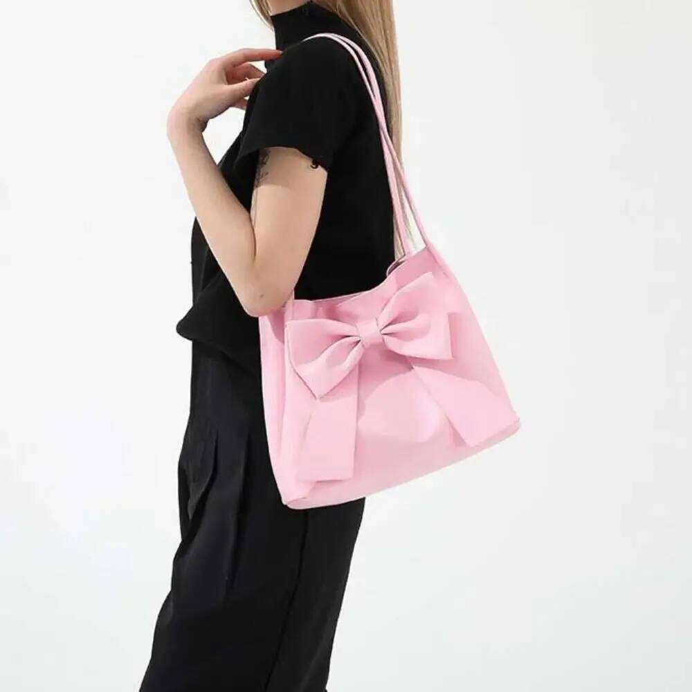 Simple Solid Color PU Bow Shoulder Bucket Korean Style INS Tote Luxury Portable Fashion Underarm Bag Women Y260205