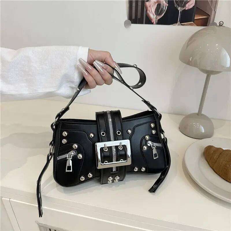 American Retro Punk Metal Belt Y2k Rivets Shoulder Underarm Tote Wallet Storage Bag Women's Bags Y260205