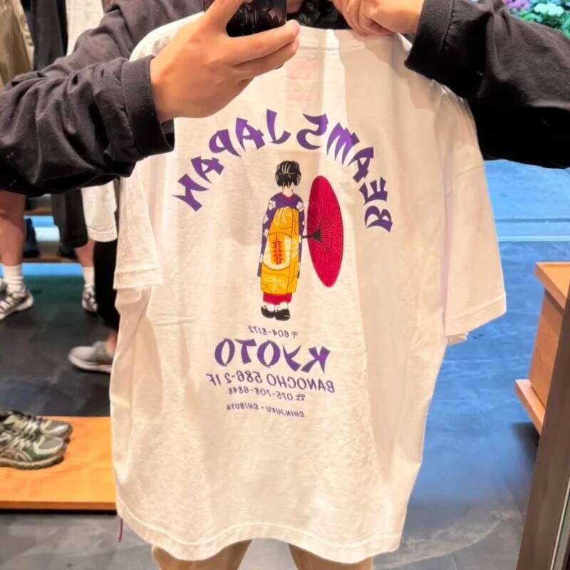 Japan Tokyo Street Cotton Fashion Beams Tshirt White Kimono Girl Print Letter Round Neck Top Casual Loose Men Women Short Sleeve X260207
