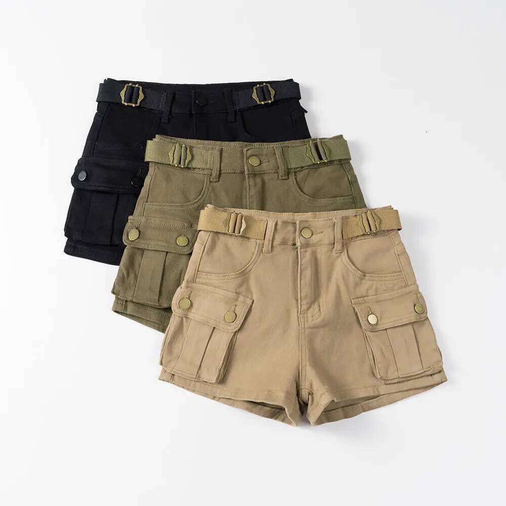 American Vintage Belt Trim High Waist Large Pockets Cargo Women A-line Long Legs Khaki Casual Shorts Hot Short Pant Chic XJ260206