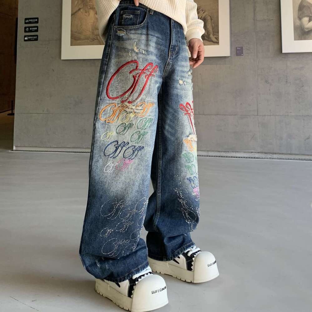 Letter embroidery straight-leg denim pants for men - new autumn style, high street design, loose and wide fit, floor-length, trendy L260127