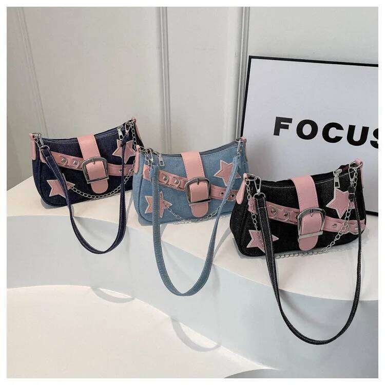 Y2k Hot Girls Denim Shoulder Bags Retro Rivet Star Women's Underarm Portable Female Chain Armpit Bag Small Purse Handbags Y260205