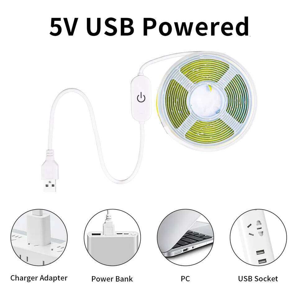5V COB LED Strip Touch Dimmer USB Plug 320LEDs/m High Density Flexible Tape 3000K 4000K 6500K Led Lights Indoor Lighting Z260206